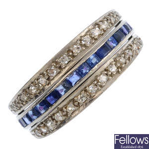 A diamond, sapphire and ruby full eternity flip ring.