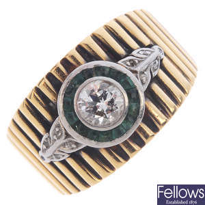 A mid 20th century diamond and emerald ring.