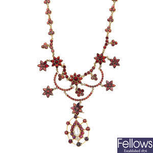 A diamond and garnet fringe necklace. 