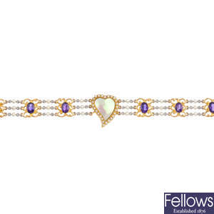 An amethyst, cultured pearl and mother-of-pearl bracelet.