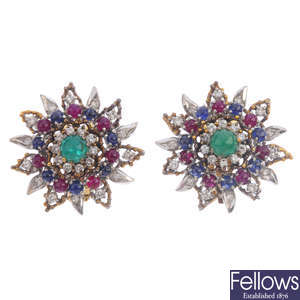 A pair of mid 20th century emerald, ruby, sapphire and diamond earrings.