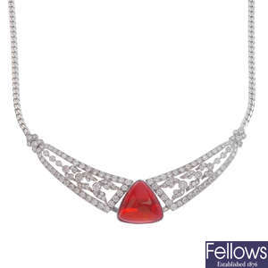 A fire opal and diamond necklace.