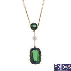 A tourmaline and cultured pearl pendant.