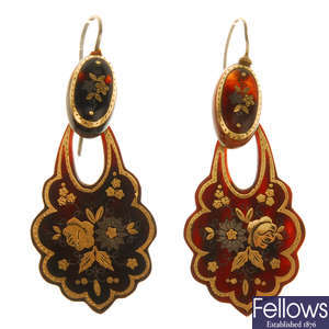 A pair of late 19th century tortoiseshell pique earrings.