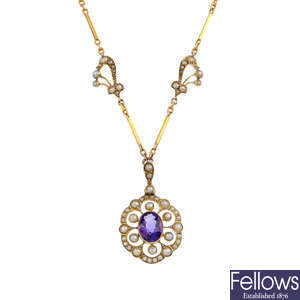 An early 20th century gold amethyst and split pearl necklace.