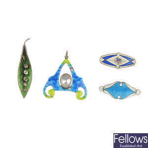 Four items of early 20th century silver enamel jewellery. One AF.