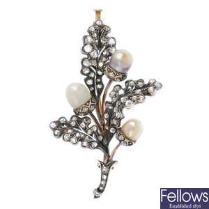 A late Victorian natural pearl and diamond acorn oak leaf brooch.