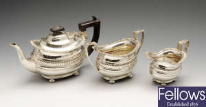 A George V silver three piece bachelor tea service.