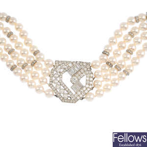 A mid 20th century diamond and cultured pearl choker.