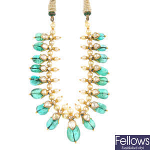 An emerald, diamond, and cultured pearl fringe necklace.