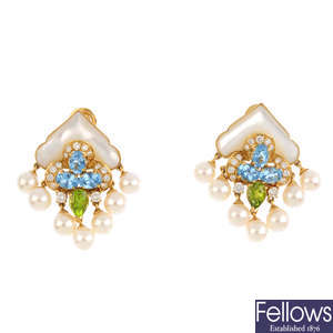 A pair of topaz, peridot, cultured pearl and diamond earrings.