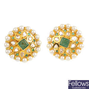 A pair of emerald, diamond and cultured pearl earrings.