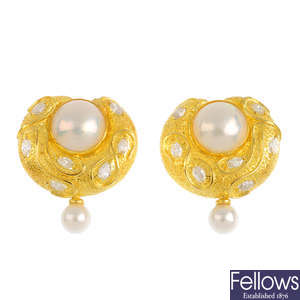 A pair of mabe pearl, cultured pearl and diamond earrings.