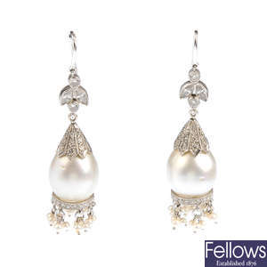 Two pairs of diamond and cultured pearl earrings.
