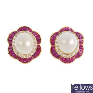 A pair of cultured pearl, diamond and ruby cluster earrings.