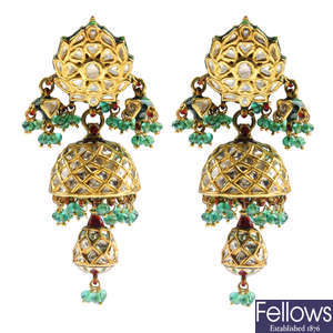A pair of enamel and gem-set earrings.