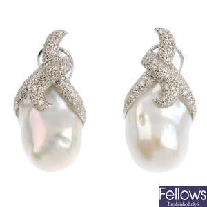 A pair of baroque cultured pearl and diamond earrings.