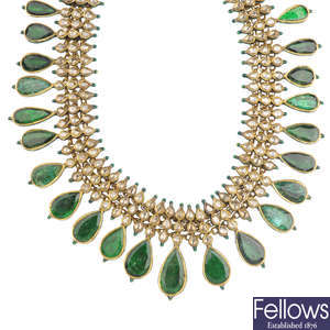 A multi-gem and enamel fringe necklace.