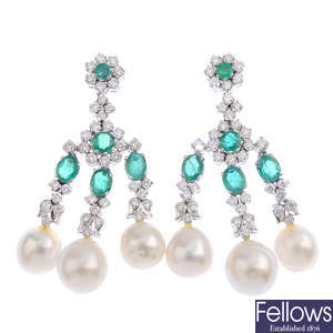 A pair of cultured pearl, emerald and diamond chandelier earrings.