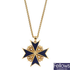 A diamond and enamel Maltese cross pendant, with 9ct gold chain.