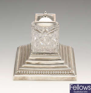 A late Victorian silver mounted inkwell by Walker & Hall.