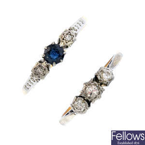 Two mid 20th century 18ct gold and platinum, diamond and gem-set rings.