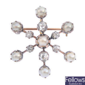 A diamond and split pearl star brooch.