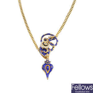 A mid Victorian gold, enamel and gem-set snake necklace.