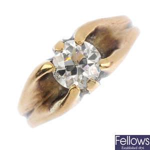 A diamond single stone ring.