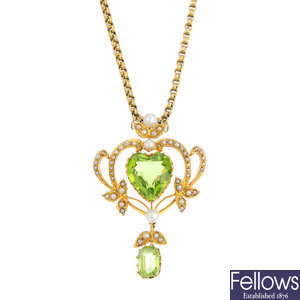 An Edwardian 15ct gold peridot and pearl pendant, with late Victorian 9ct gold longuard chain.