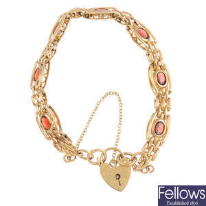 A 9ct gold garnet gate bracelet and 9ct gold gem-set pendant.