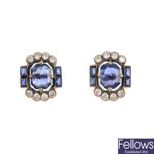 A pair of mid 20th century sapphire and diamond earrings.