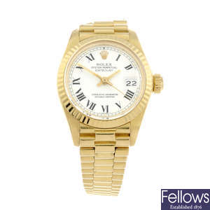 ROLEX - a lady's 18ct yellow gold Oyster Perpetual Datejust watch.