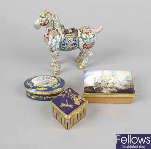 Three Halcyon days enamel boxes, a Royal Crown Derby porcelain paperweight, etc.