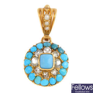 A turquoise, blue paste, diamond and split pearl pendant.