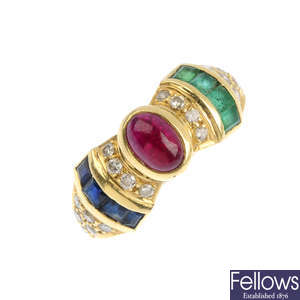 A ruby, sapphire, emerald and diamond dress ring.