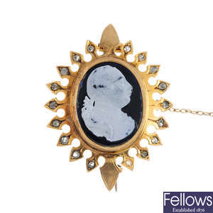 A 14ct gold diamond and paste cameo brooch.