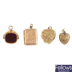 Three pendants and a swivel fob.