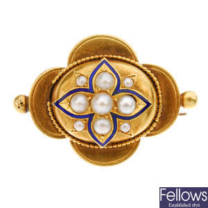 A late Victorian gold split pearl and enamel brooch.