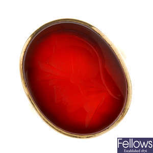 A late 19th century 9ct gold carnelian carved intaglio ring.