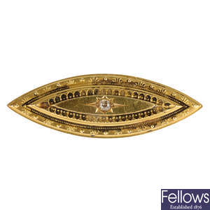 An early 20th century 15ct gold diamond memorial brooch.