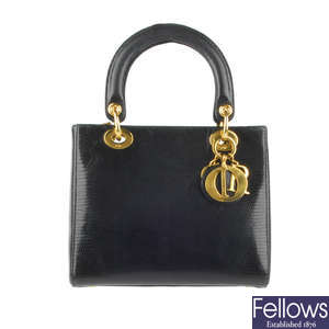 CHRISTIAN DIOR - a black Lady Dior lizard skin handbag.