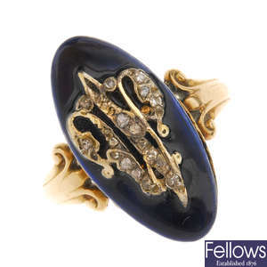 An early 19th century gold diamond and enamel ring.
