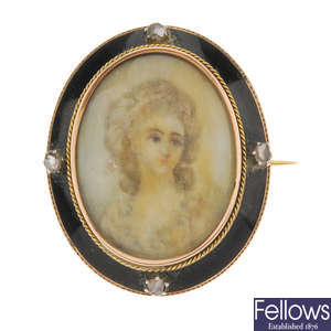 A mid Victorian enamel and diamond portrait brooch.