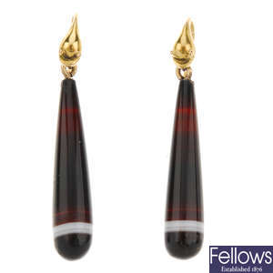 A pair of late Victorian banded agate earrings. 