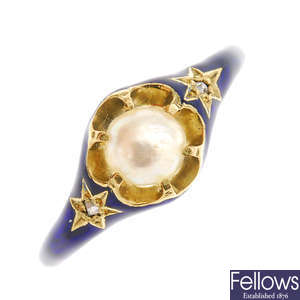 A mid Victorian 18ct gold enamel, pearl and diamond ring.