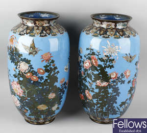 A pair of good large late 19th century cloisonné vases.