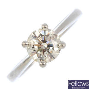 A platinum diamond single stone diamond ring.