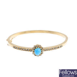 A late Victorian gold turquoise and diamond hinged bangle.