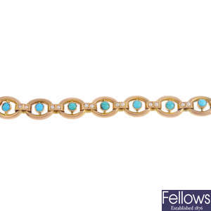 An early 20th century gold turquoise and split pearl bracelet.